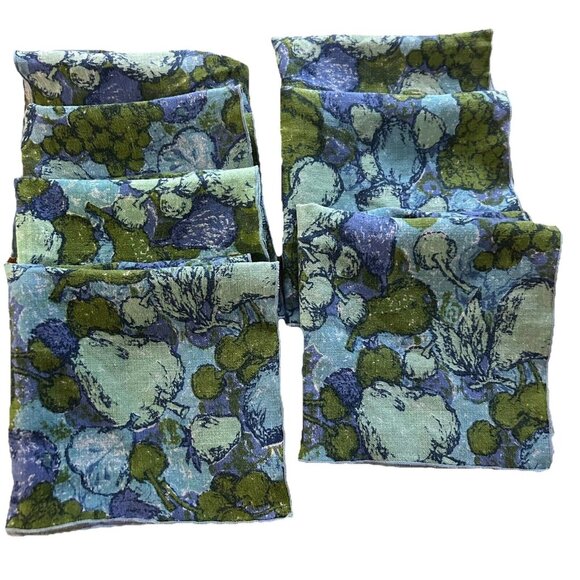 Vtg Blue Floral Hand rolled Napkins 7 Set Handkerchief Cottagecore Dainty - Picture 1 of 7